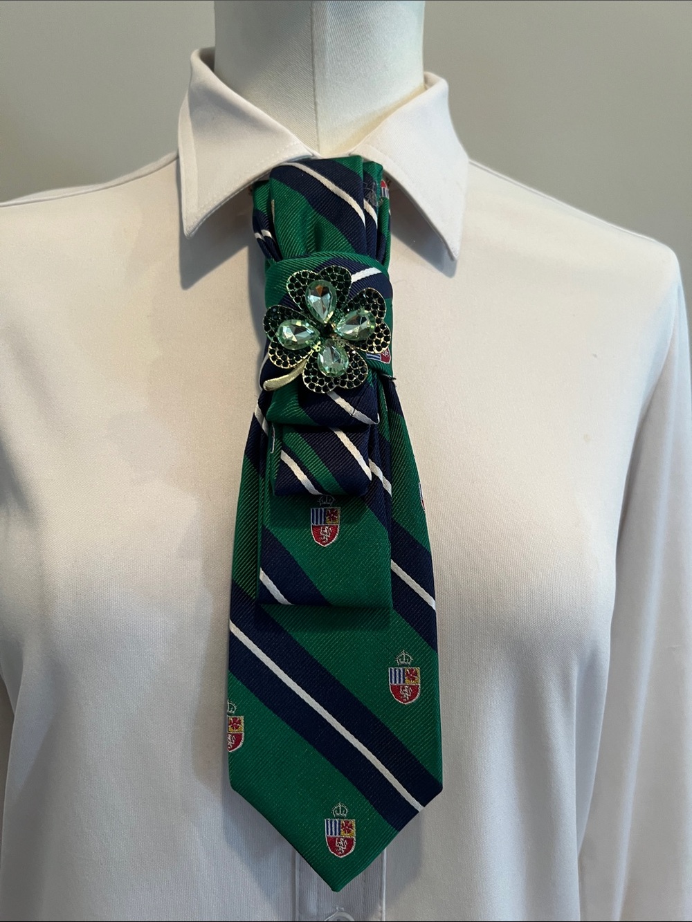 Ralph Lauren Green and Navy Striped Tie Necklace Crystal-Clover brooch